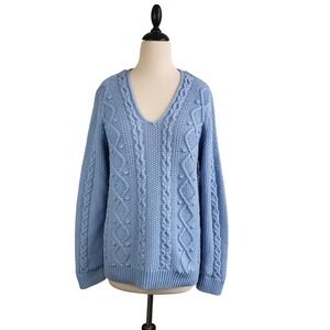 Lands' End Drifter Cable Knit Fisherman Sweater Womens M Blue‎ V-Neck Chunky 3D